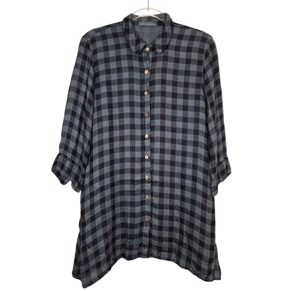 Cut Loose Women XS Tunic Dress Blue Navy Check Plaid Tencel Rayon 3/4 Sleeve USA